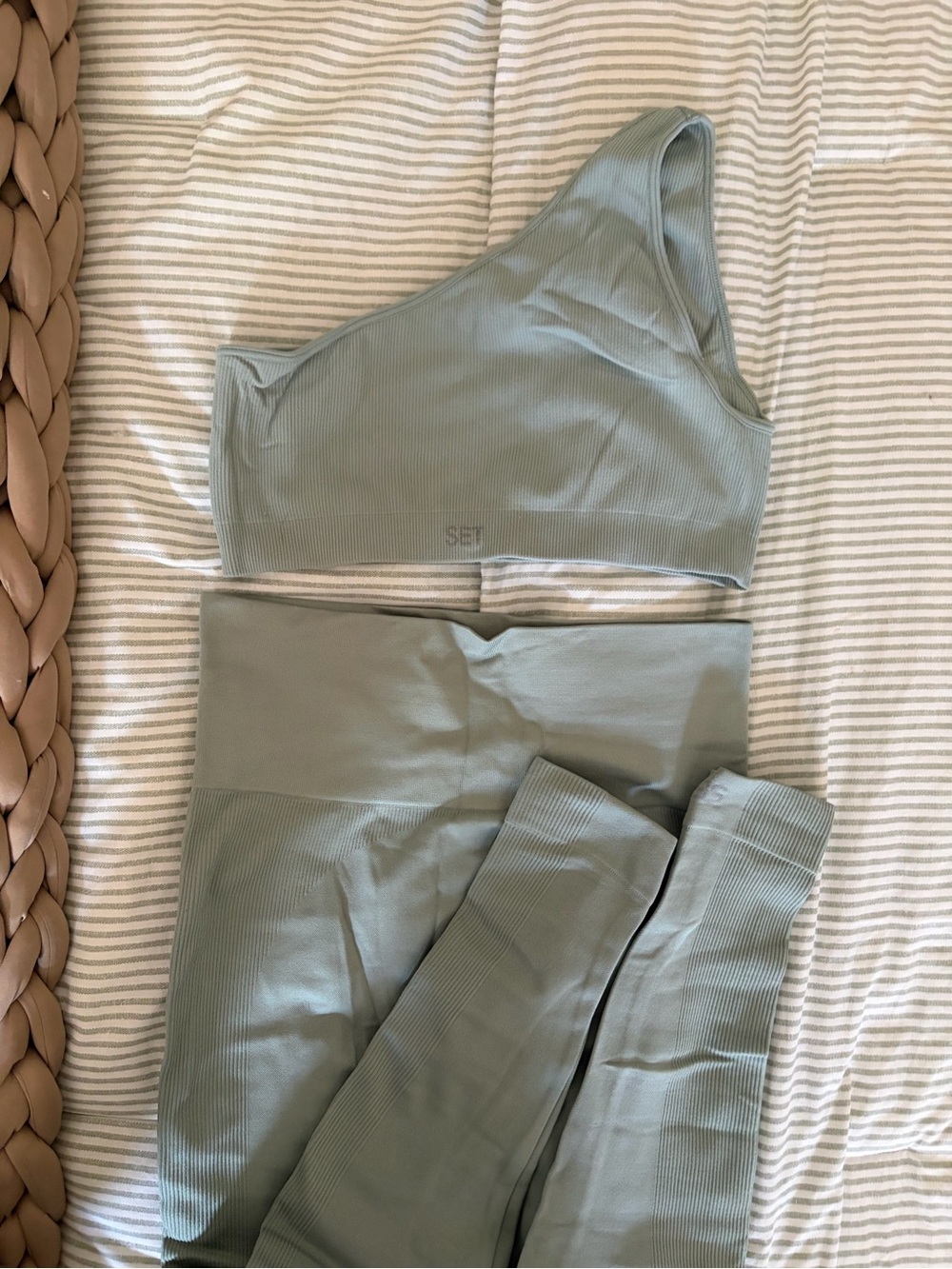 SET Active One-Shoulder Ribbed Sports Bra & High-Waist Leggings - Sage - Picture 2 of 5